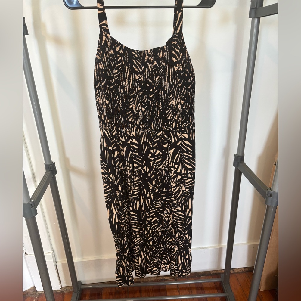 Tropical Black and Cream Women's Spaghetti Strap Midi Dress